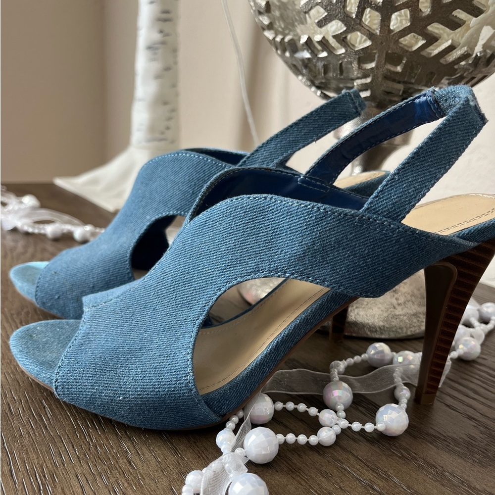 Denim Heels with wooden heel Size 7